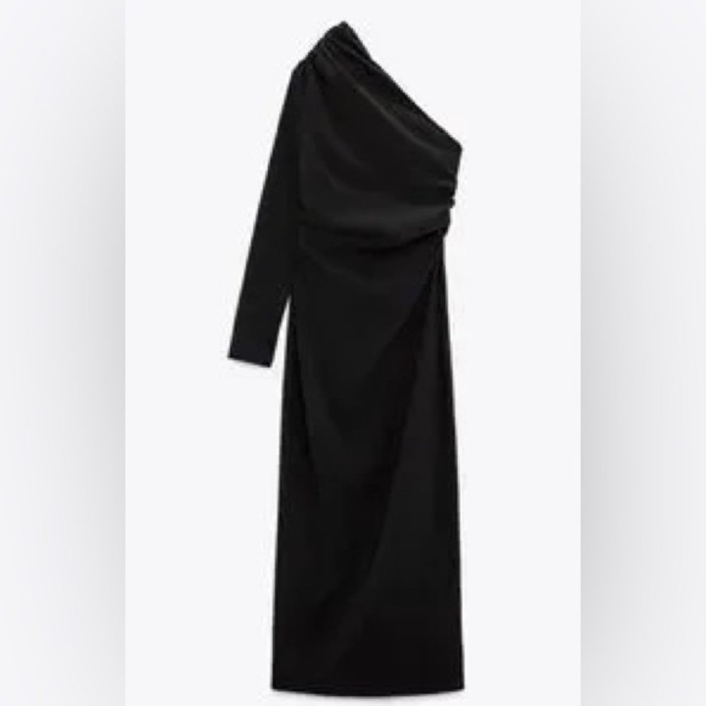 NWT ZARA Asymmetrical Black One Shoulder Ruched Midi Dress Size Medium
